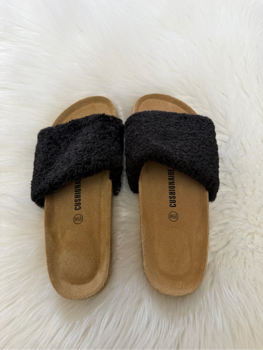 Cushionaire Black Faux-Shearling Slide Sandals Sz 8 1/2